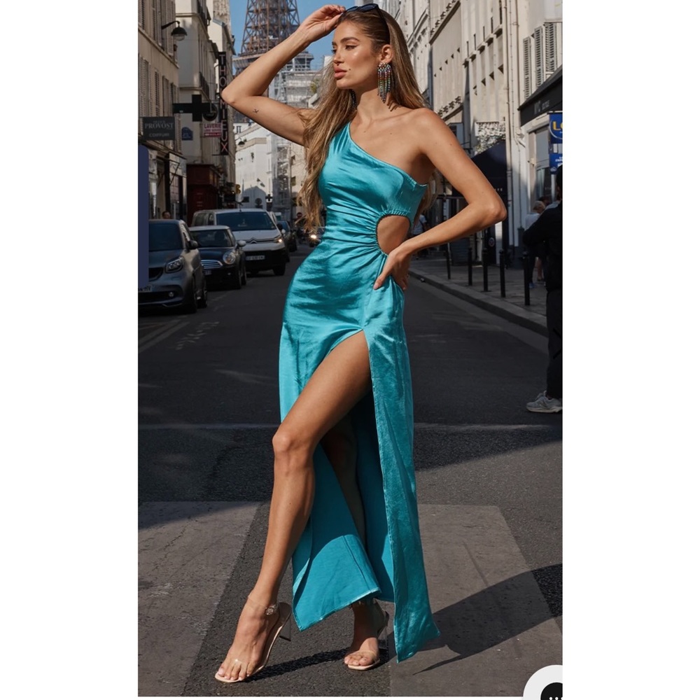“Runaway the Label” Aqua Asymmetric Cutout Maxi Dress. Lakota Maxi Dress